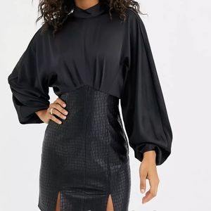 NWT ASOS DESIGN Mini pencil dress in croc pu and high neck satin top Size 12